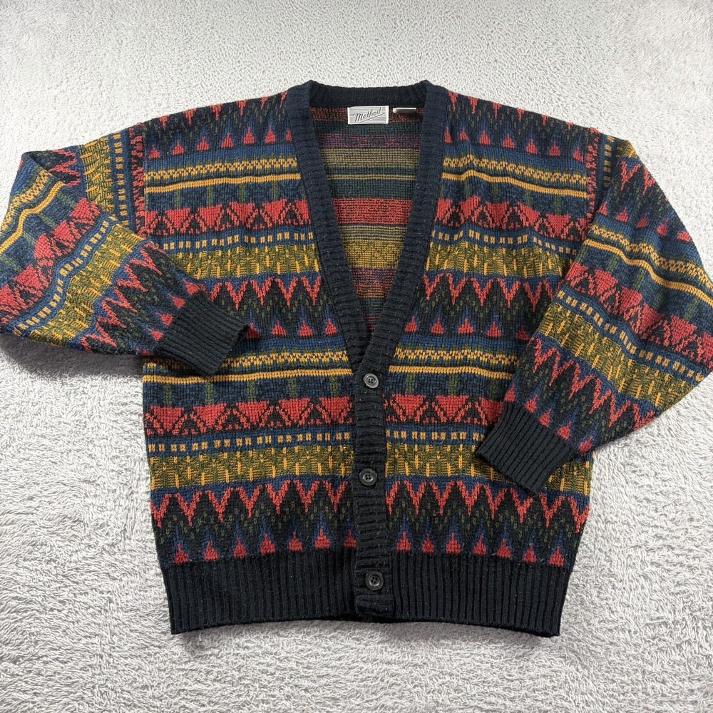 Vintage Geometric Pattern Cardigan Sweater Mens Large Stripe Aztec 3D Acrylic